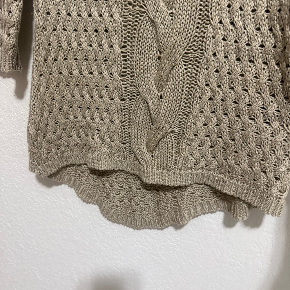Womens Tan Cable Knit Open Weave 3/4 Sleeve Sweater Top M - Picture 4 of 10